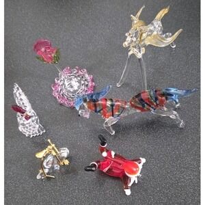 6pc Vintage Small Mini Glass Crystal Animals Figures Flower Chicken Santa Bike